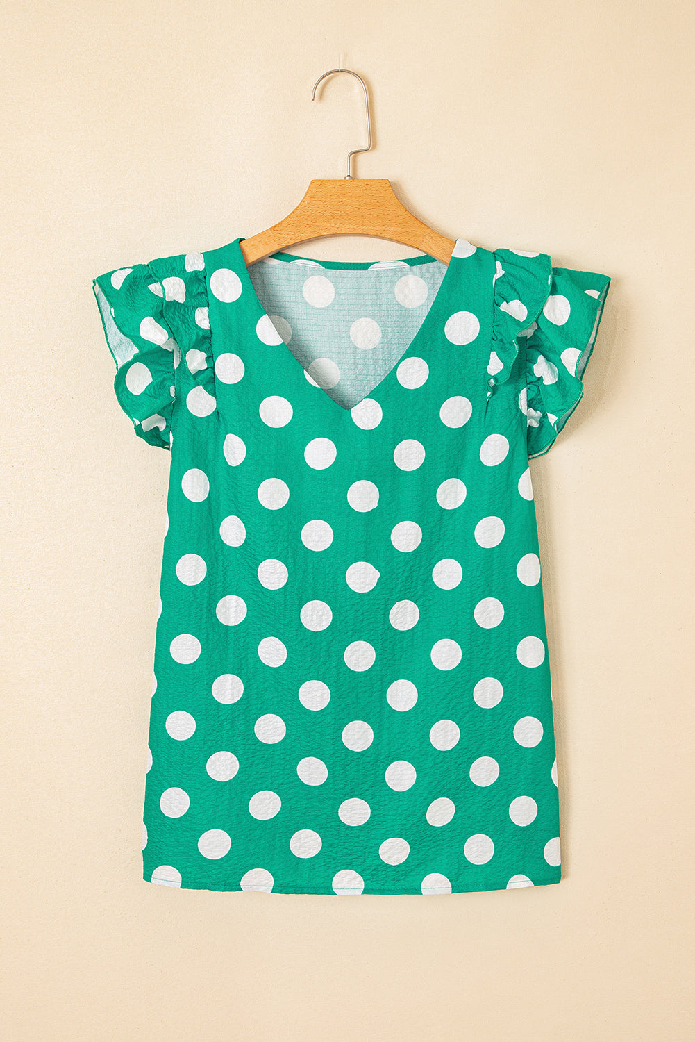 Black Polka Dot Print Ruffled Sleeve V Neck Blouse
