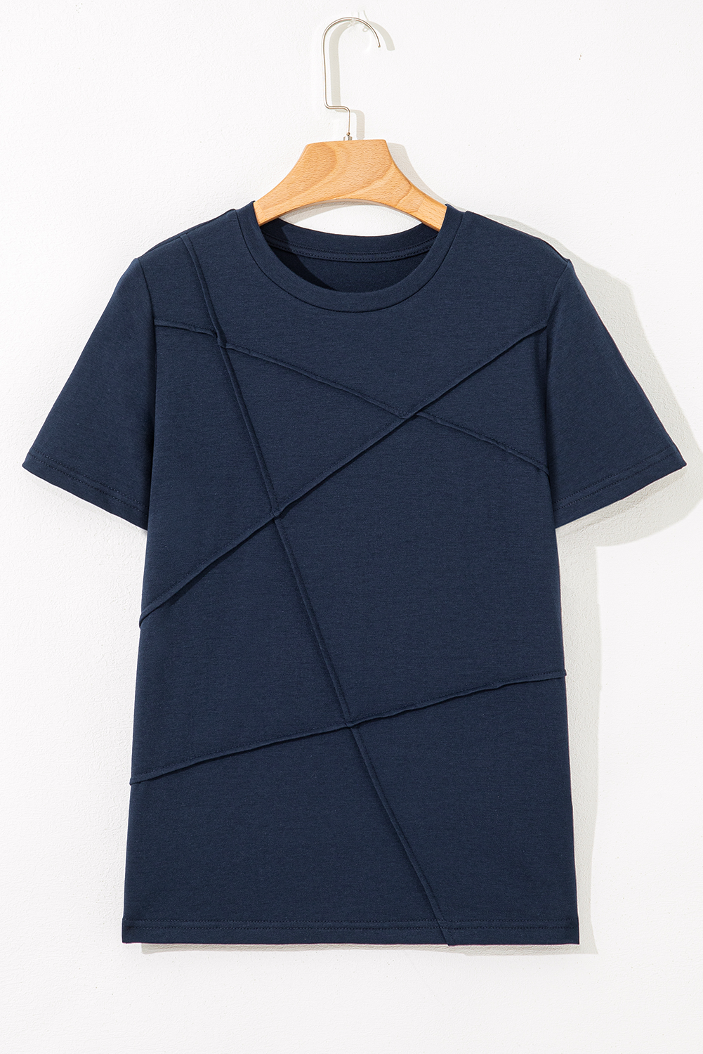 Blue Sapphire Solid Color Toothpick Stripe Round Neck T Shirt