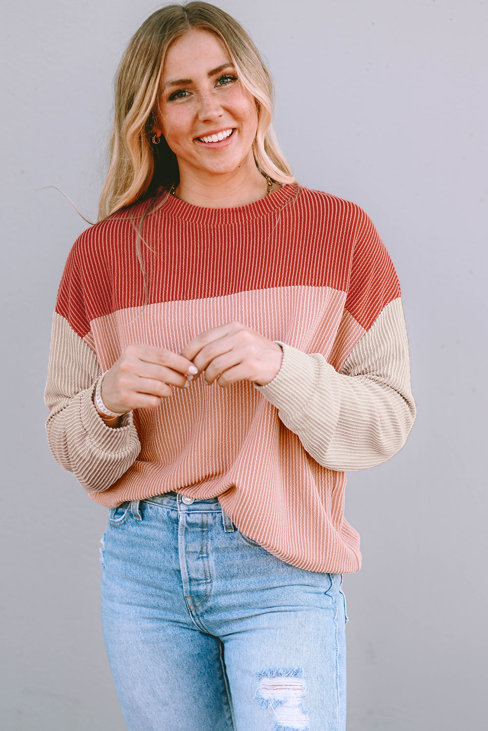 Khaki Color Block Long Sleeve Ribbed Loose Top