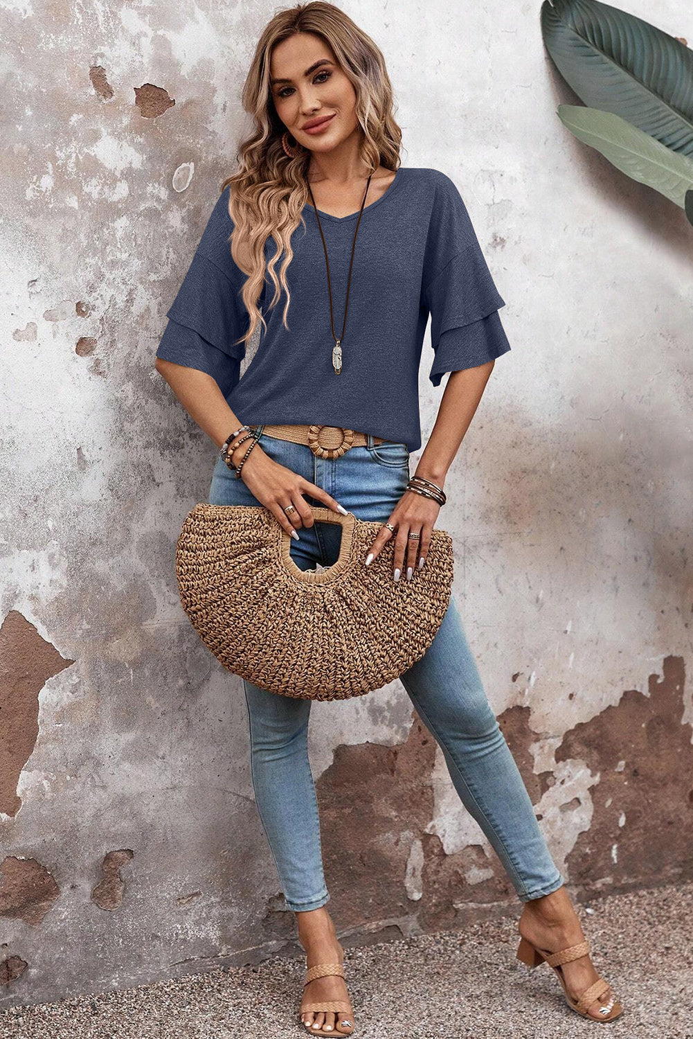 Black Solid Colour V-Neck Double Layer Sleeve Loose T-Shirt