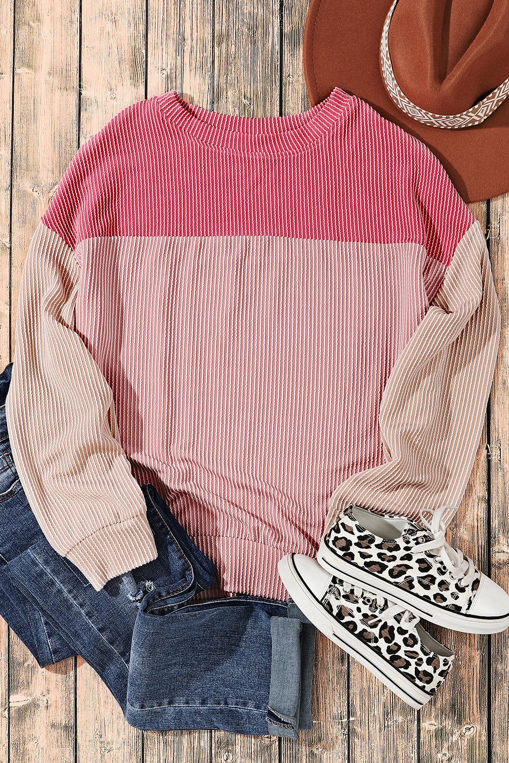 Khaki Color Block Long Sleeve Ribbed Loose Top