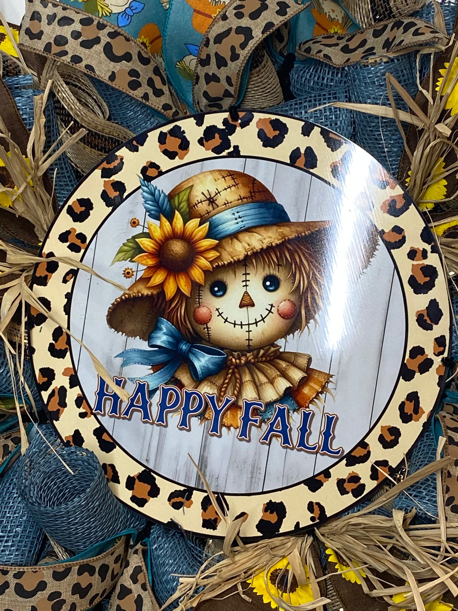 Scarecrow wreath, leopard print decor
