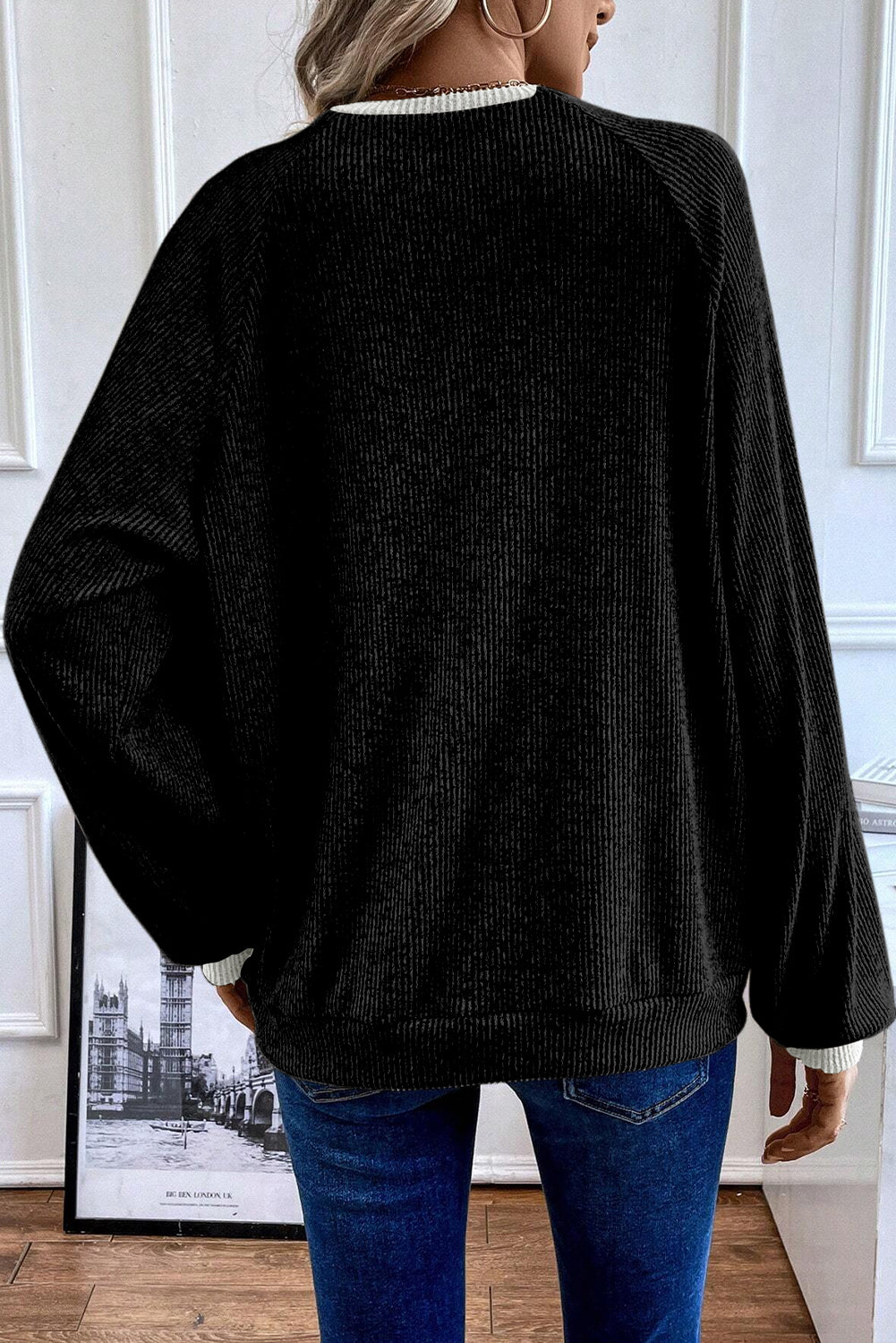 Jet Stream Color Contrast Ribbed Loose Fit Long Sleeve Top