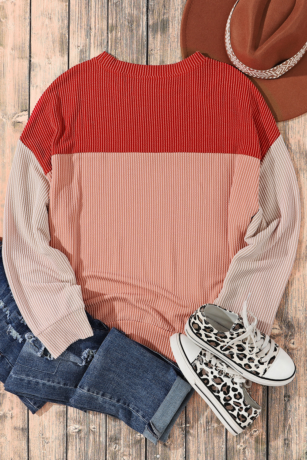 Khaki Color Block Long Sleeve Ribbed Loose Top