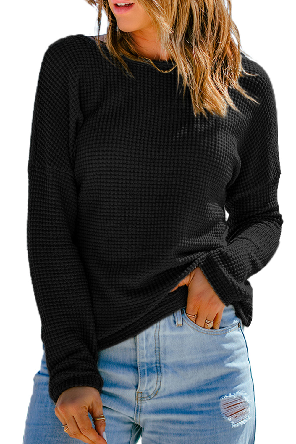 Dark Brown Waffle Knit Drop Shoulder Long Sleeve Top