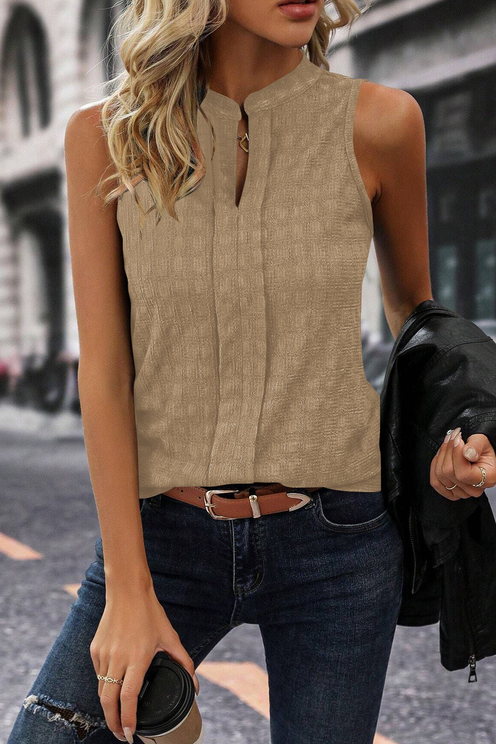 Sea Green Lattice Textured Split Neck Tank Top
