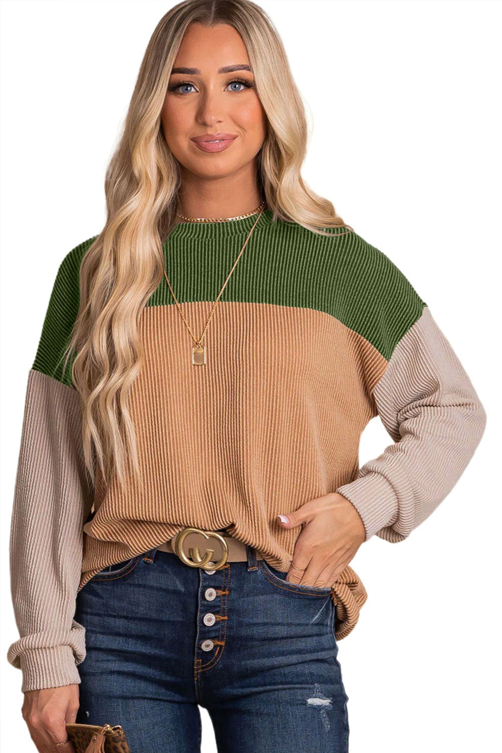 Khaki Color Block Long Sleeve Ribbed Loose Top