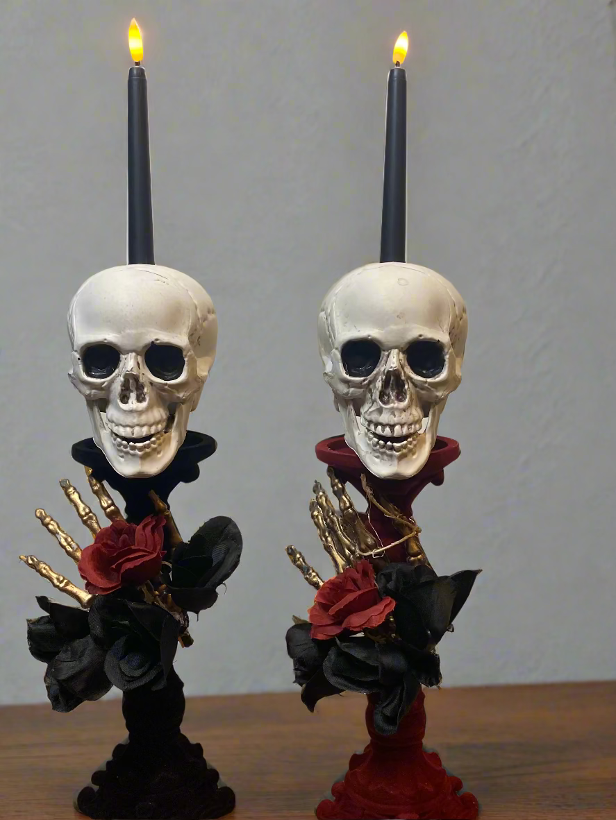 Red and Black velvet skull candlestick set centerpiece