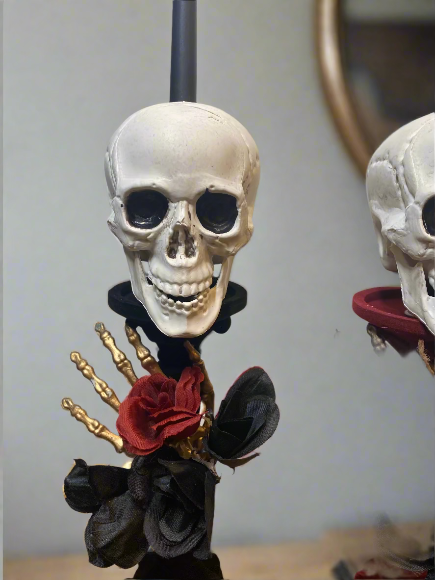 Red and Black velvet skull candlestick set centerpiece