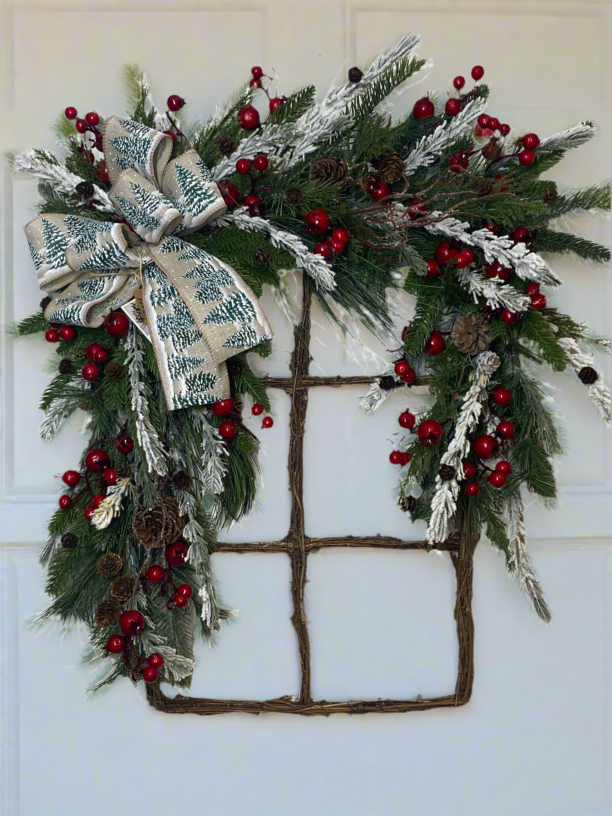 Christmas window, Decorative winter grapevine window