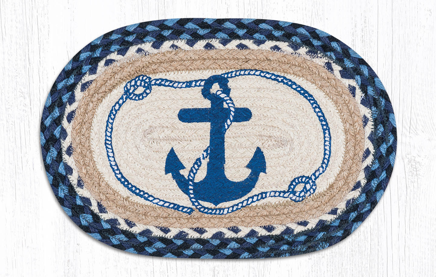 Hand Stenciled Oval Swatch with Navy Anchor Design