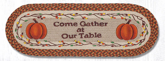 Hand Stenciled Oval Table Runner with Come Gather at Our Table Design