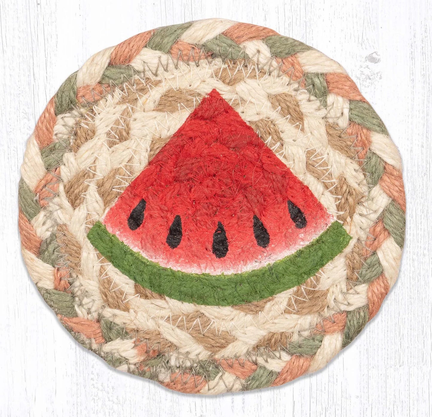 5" Round Hand Stenciled Coaster with Watermelon Design