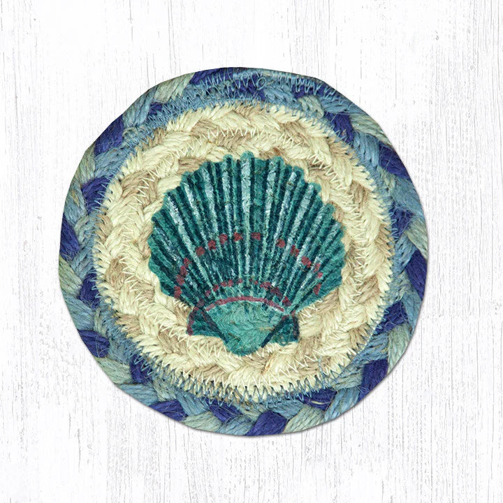 Round Hand Stenciled Coaster with Blue Scallop Design