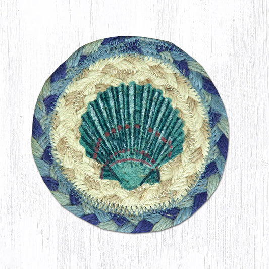 Round Hand Stenciled Coaster with Blue Scallop Design