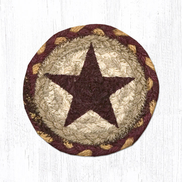 Round Hand Stenciled Coaster with Burgundy Star Design