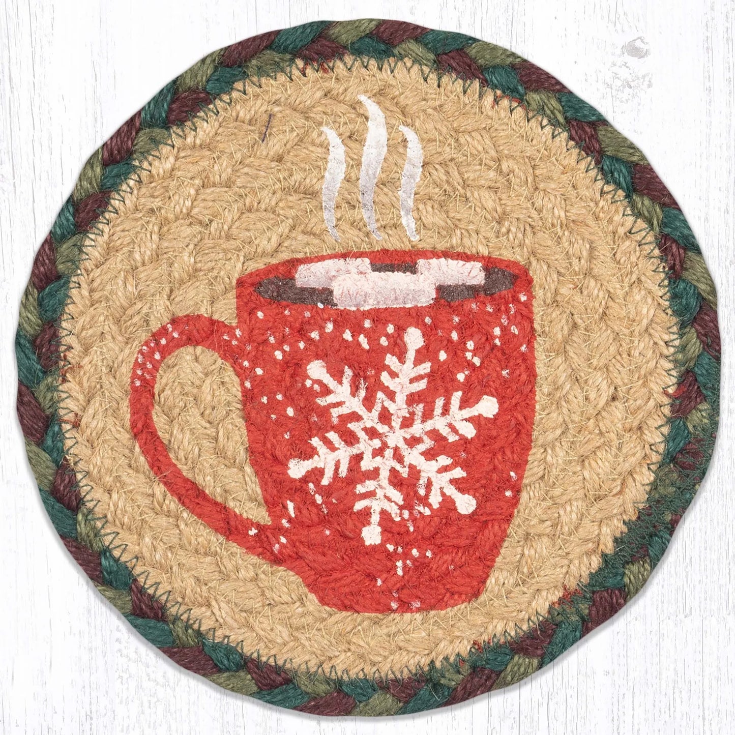 7" Round Hand Stenciled Coaster with Hot Cocoa Mug Design