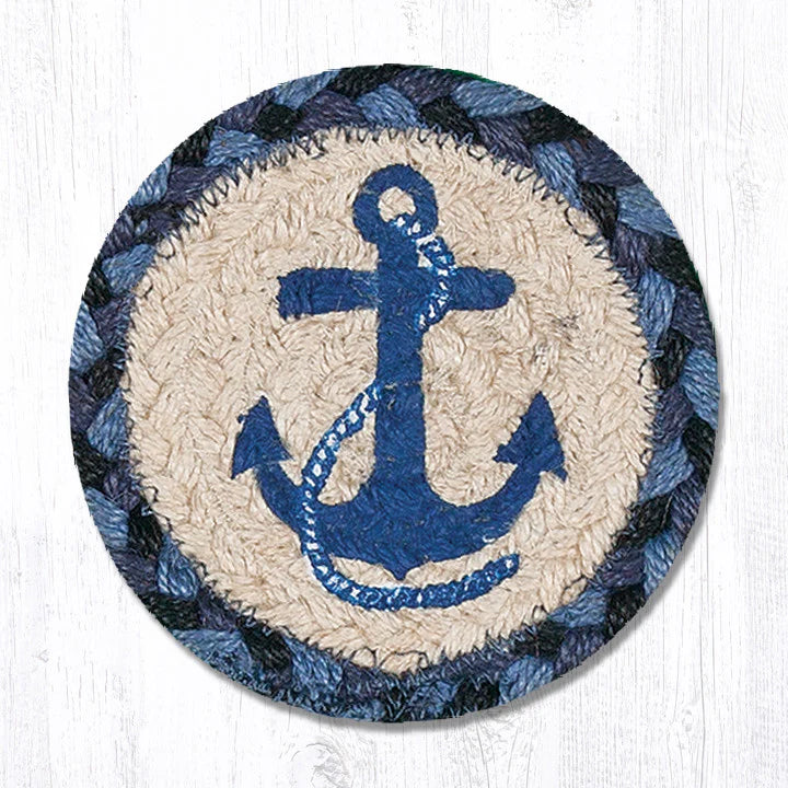 Round Hand Stenciled Coaster with Navy Anchor Design