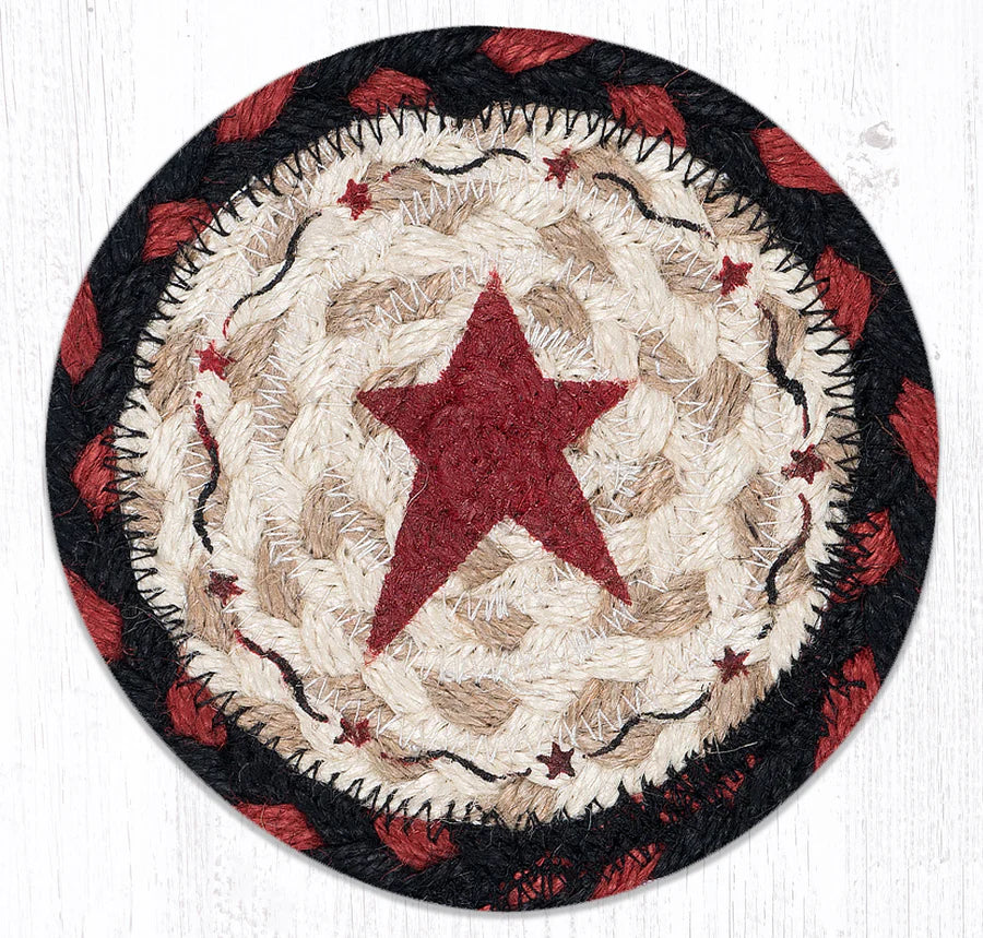 Round Hand Stenciled Coaster with Primitive Star Burgundy Design