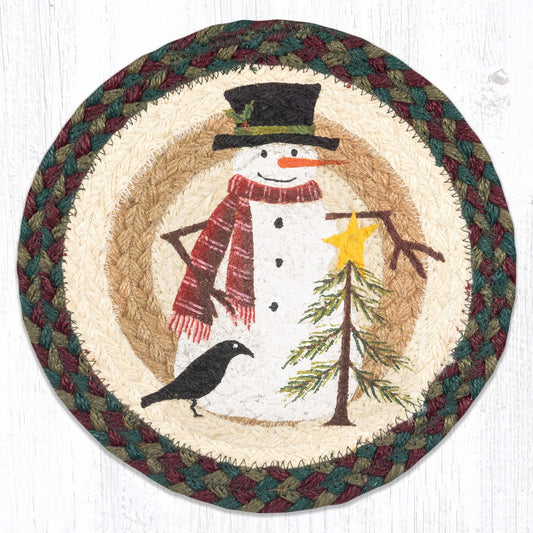 10" Round Printed Trivet with Snowman with Tree Design