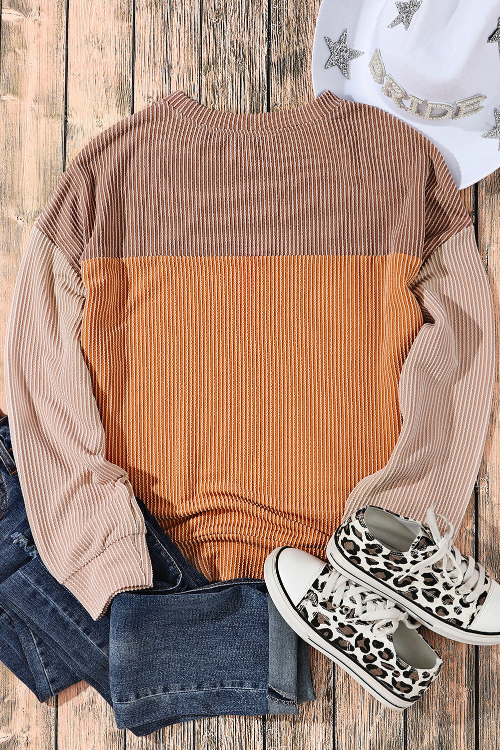 Khaki Color Block Long Sleeve Ribbed Loose Top