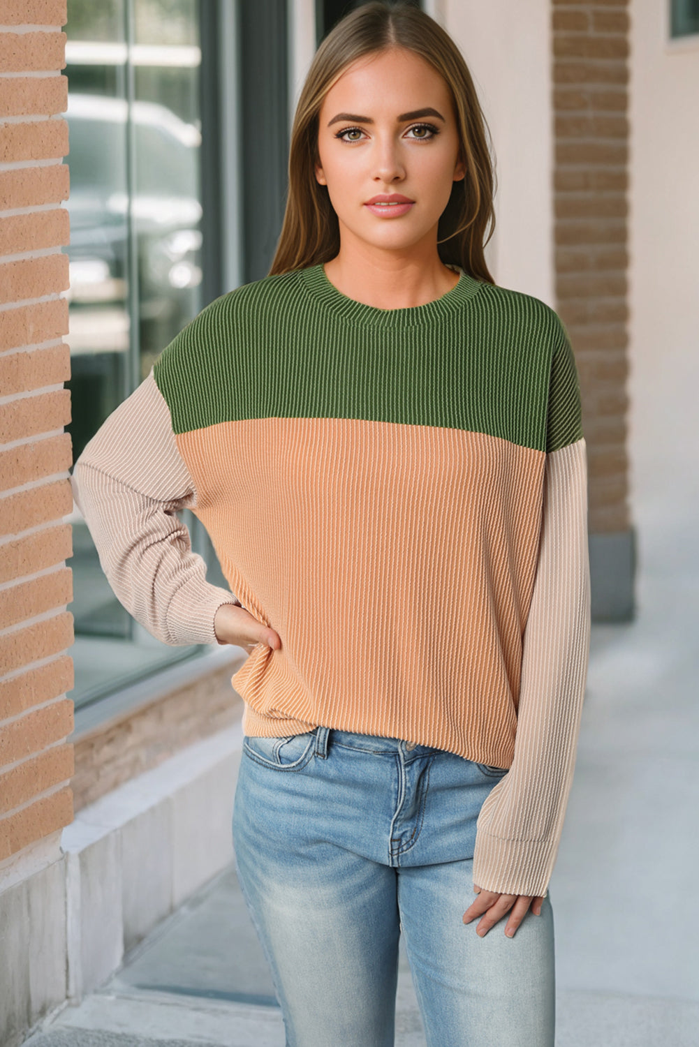 Khaki Color Block Long Sleeve Ribbed Loose Top