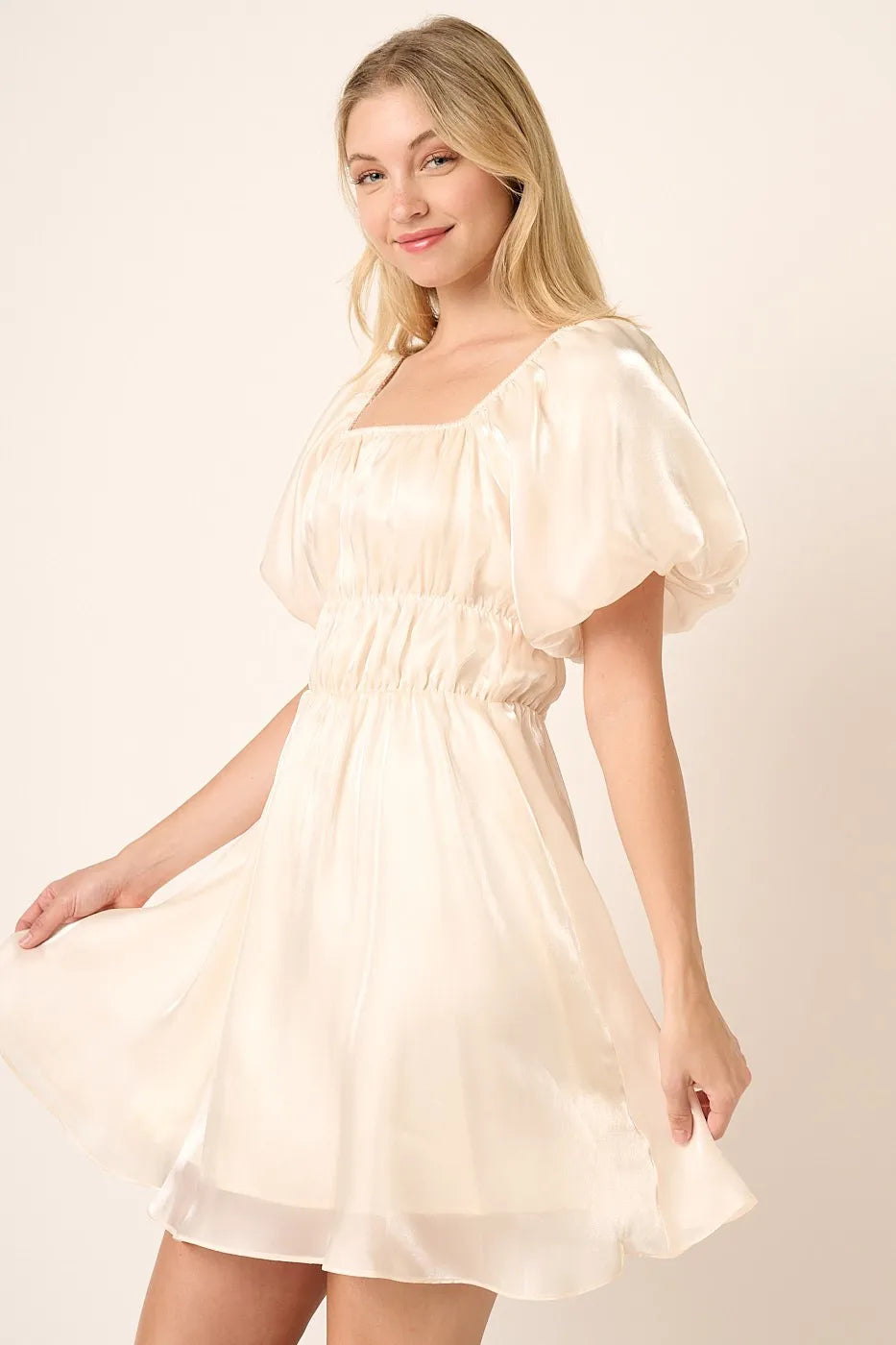 Mittoshop Metallic Organza Fabric Balloon Sleeve Mini Dress Mittoshop Metallic Organza Fabric Balloon Sleeve Mini Dress
