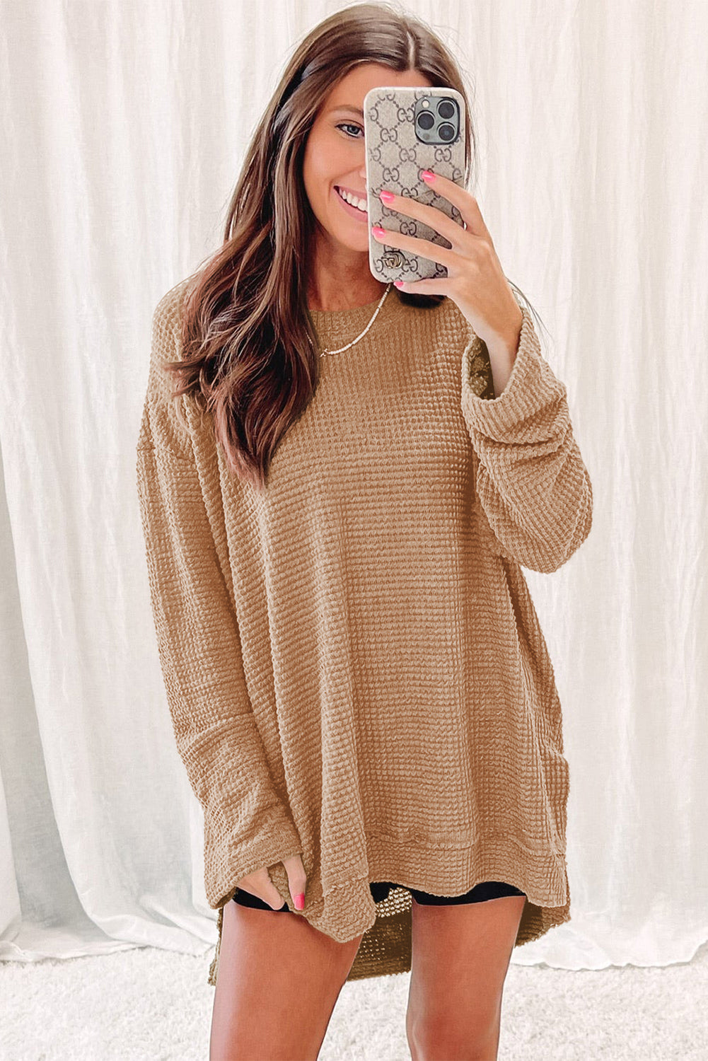 Gray Waffle Knit High Slits Oversized Top