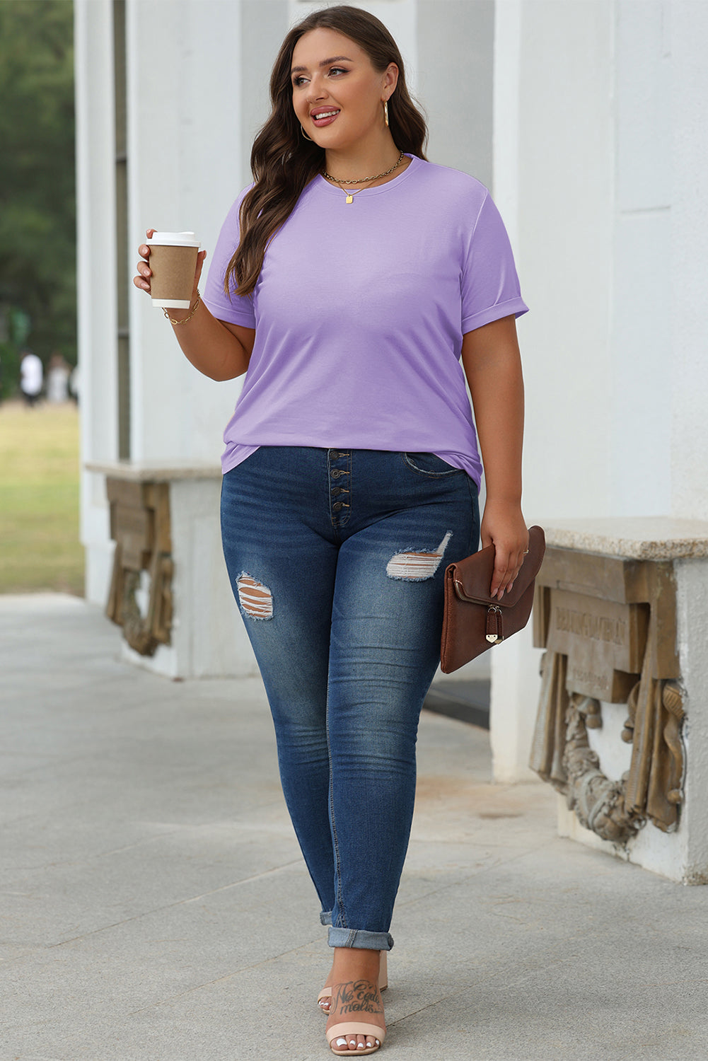 Khaki Casual Plain Crew Neck Tee