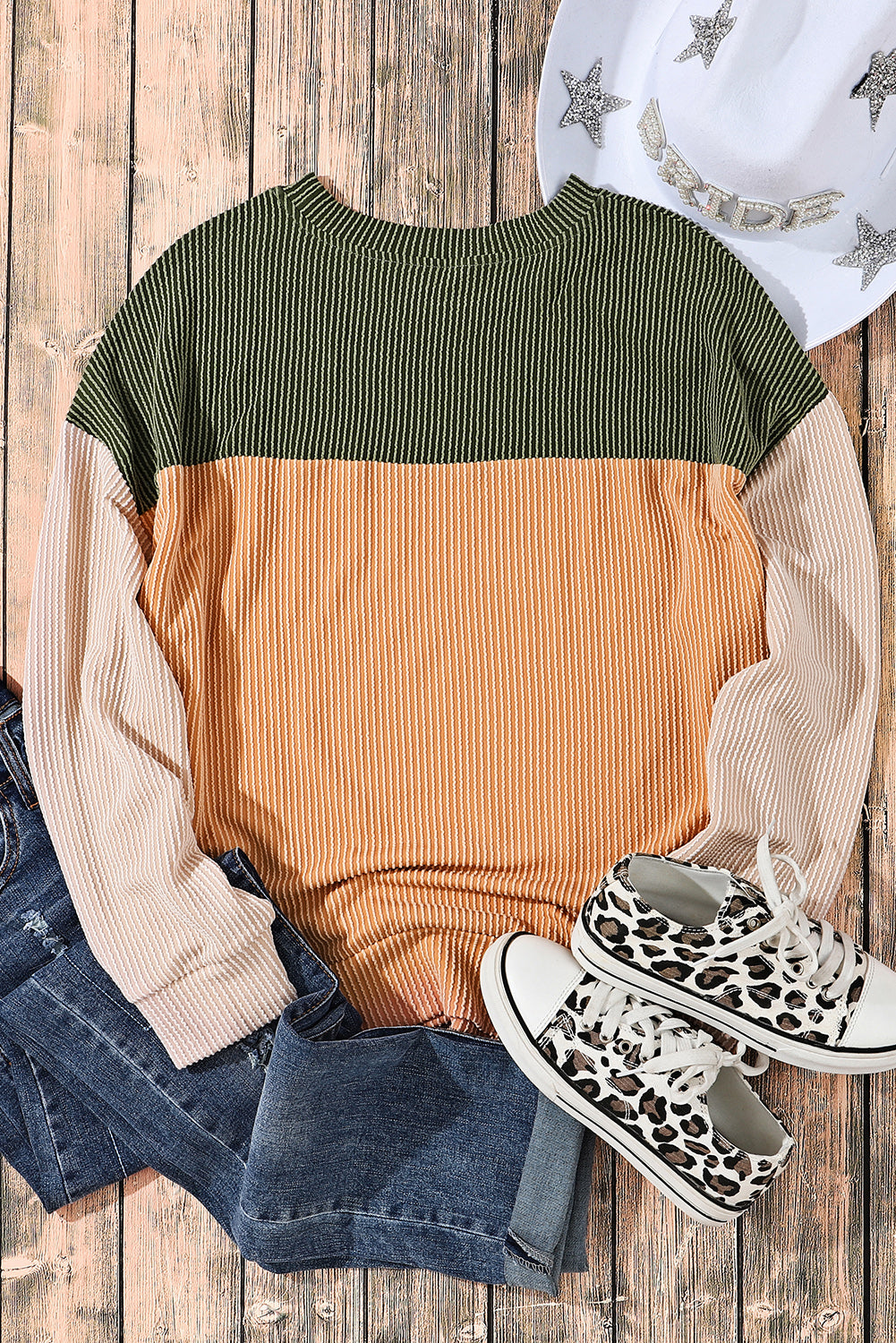 Khaki Color Block Long Sleeve Ribbed Loose Top