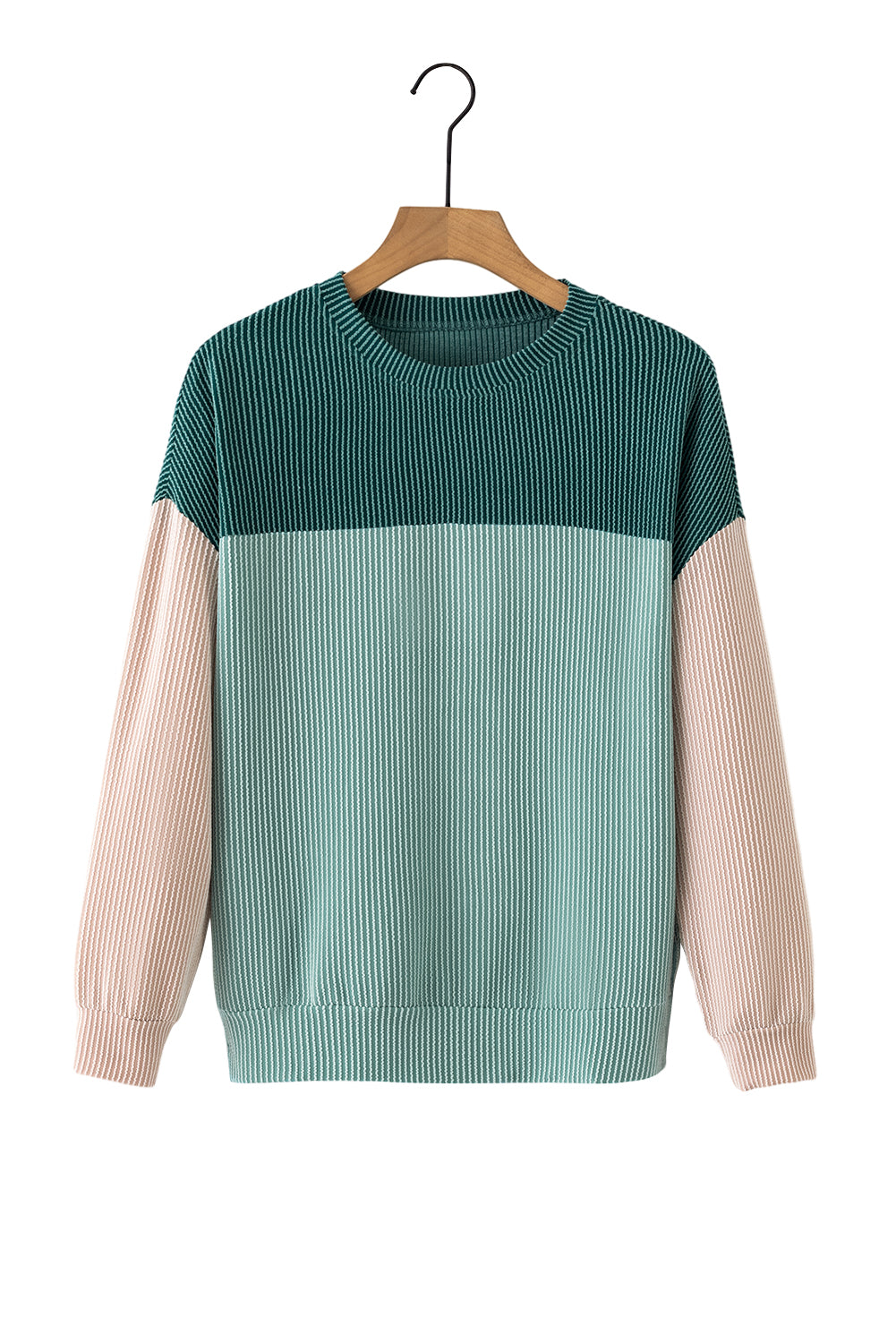 Khaki Color Block Long Sleeve Ribbed Loose Top