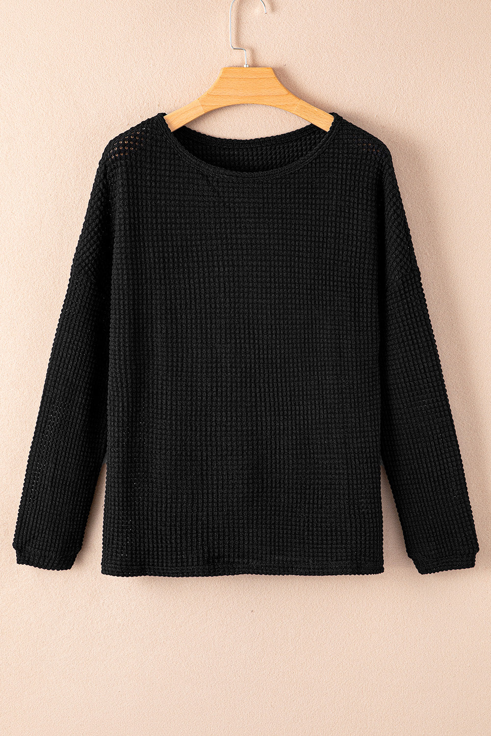 Dark Brown Waffle Knit Drop Shoulder Long Sleeve Top