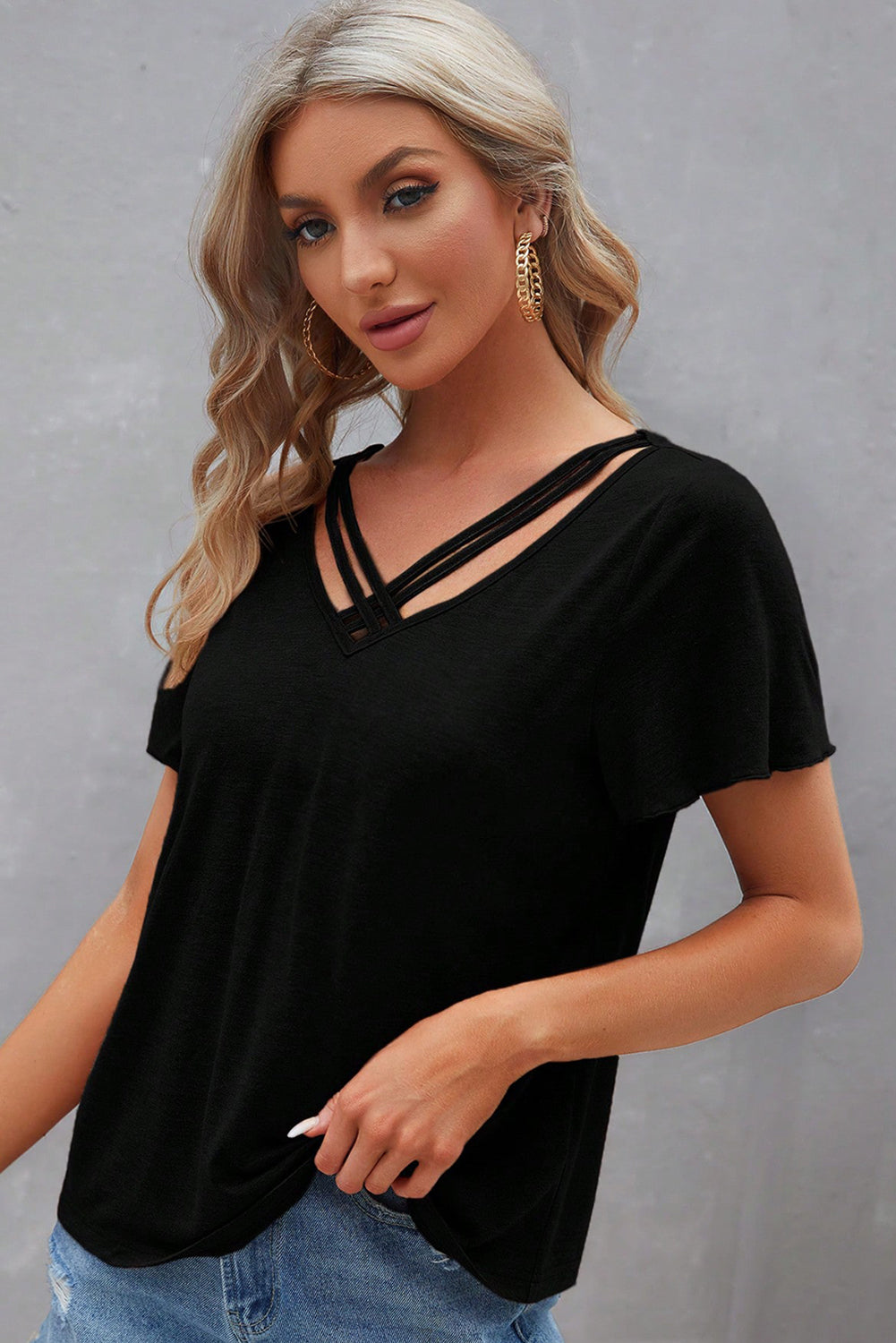 Mist Green Crisscross V Neck Butterfly Sleeve T Shirt