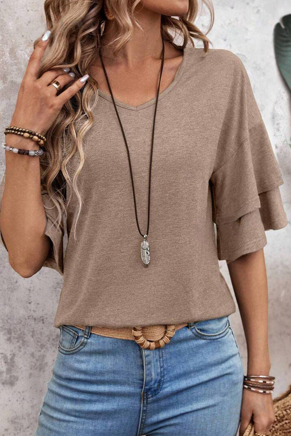 Black Solid Colour V-Neck Double Layer Sleeve Loose T-Shirt