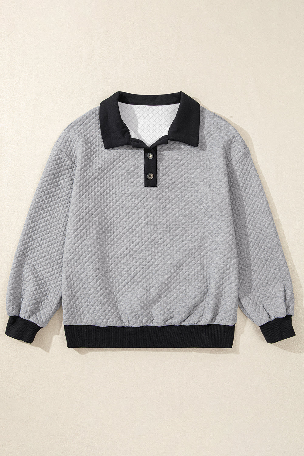 Oatmeal Textured Colorblock Edge Buttoned Collar Sweatshirt