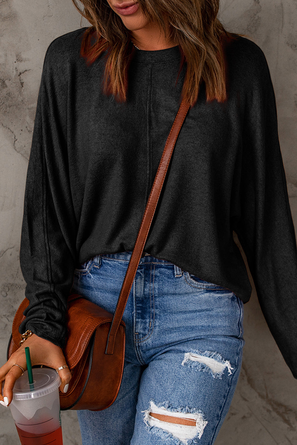 Brown Fiery Solid Color Patchwork Long Sleeve Top