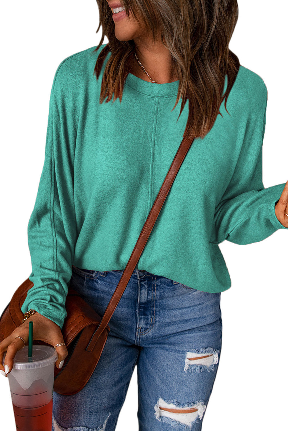 Brown Fiery Solid Color Patchwork Long Sleeve Top