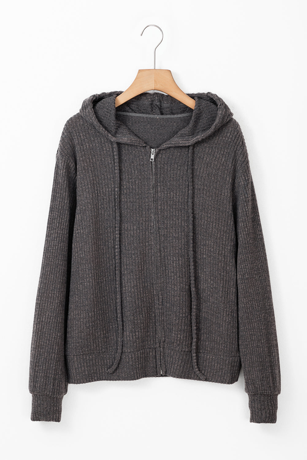 Red Dahlia Ribbed Zip Up Front Drawstring Hoodie