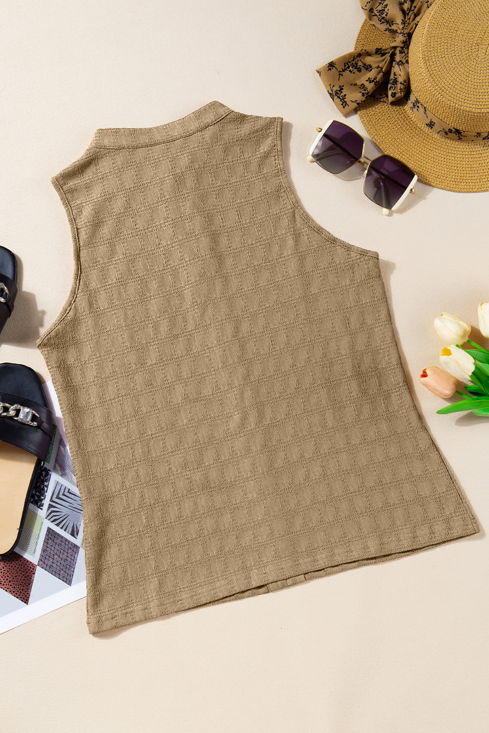 Sea Green Lattice Textured Split Neck Tank Top