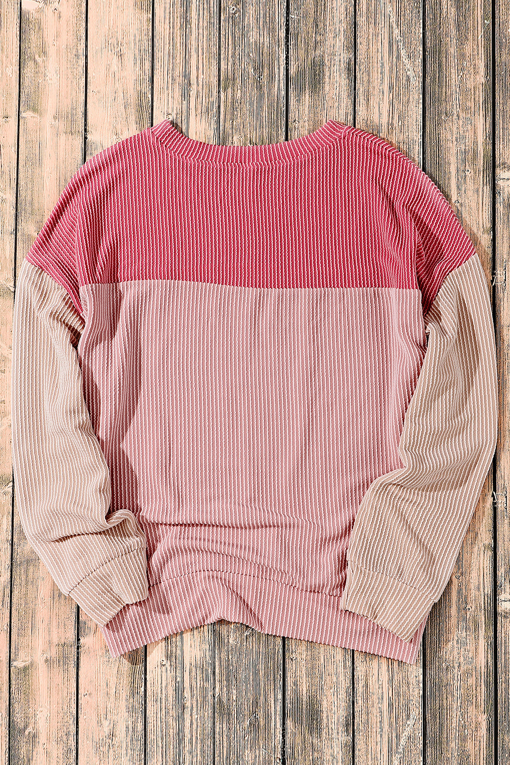 Khaki Color Block Long Sleeve Ribbed Loose Top