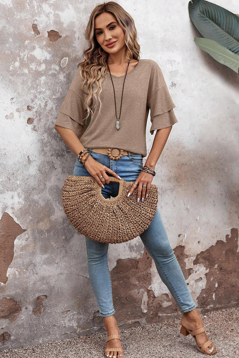 Black Solid Colour V-Neck Double Layer Sleeve Loose T-Shirt