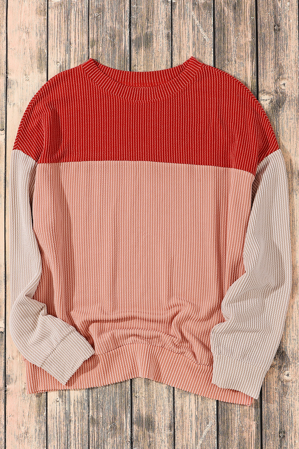 Khaki Color Block Long Sleeve Ribbed Loose Top