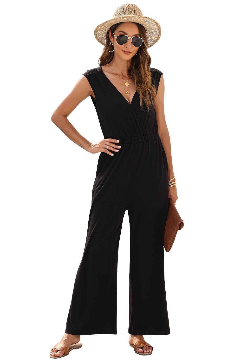 Jungle Green Deep V Pleated Crisscross Wide Leg Backless Jumpsuit