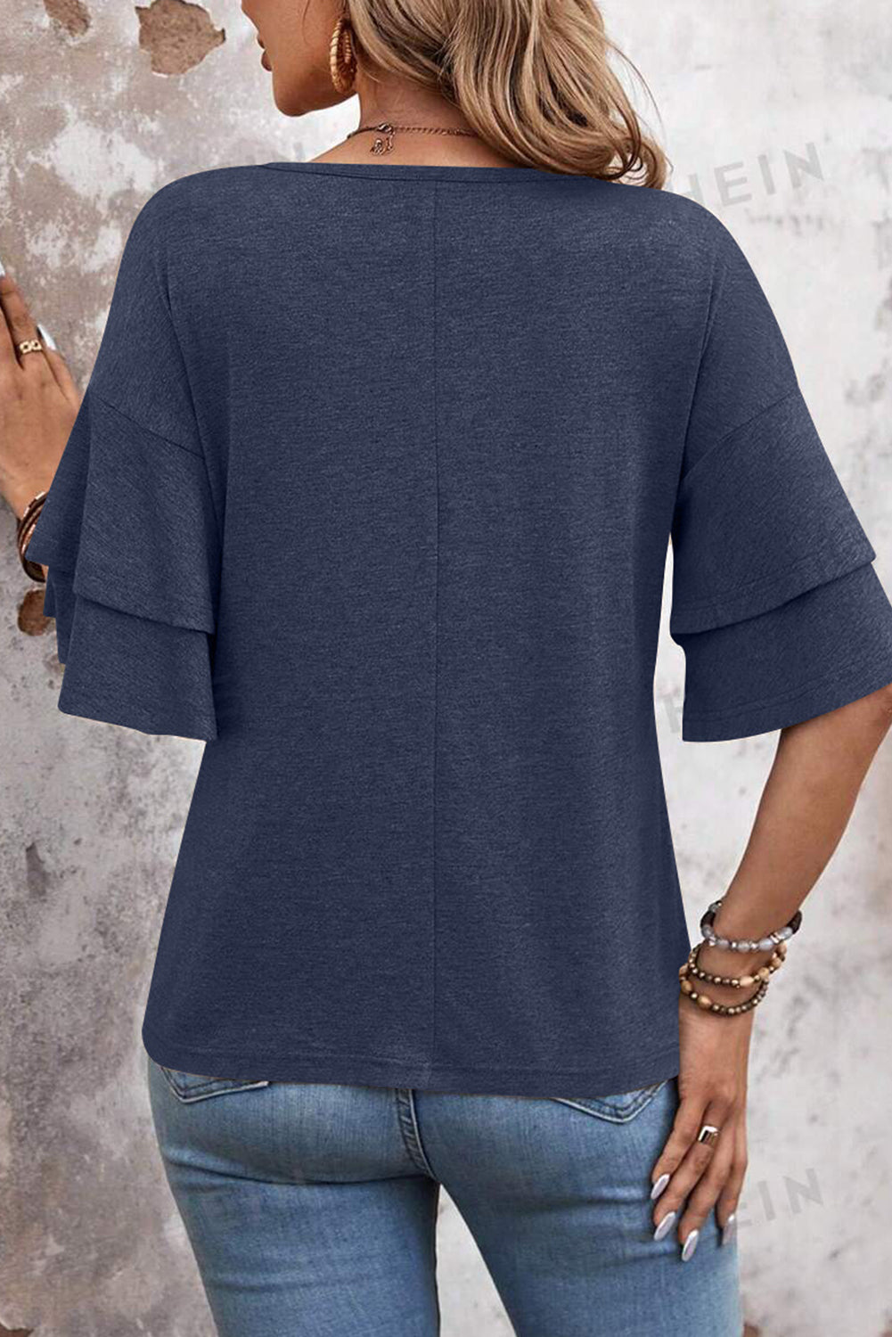 Black Solid Colour V-Neck Double Layer Sleeve Loose T-Shirt
