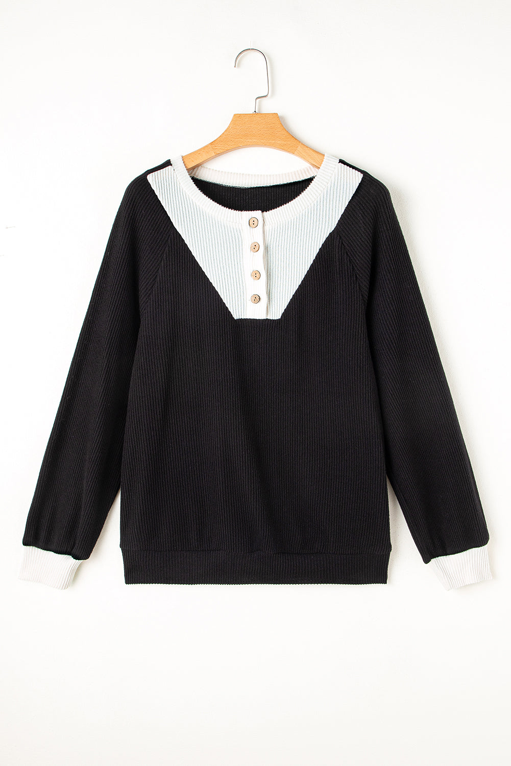 Jet Stream Color Contrast Ribbed Loose Fit Long Sleeve Top