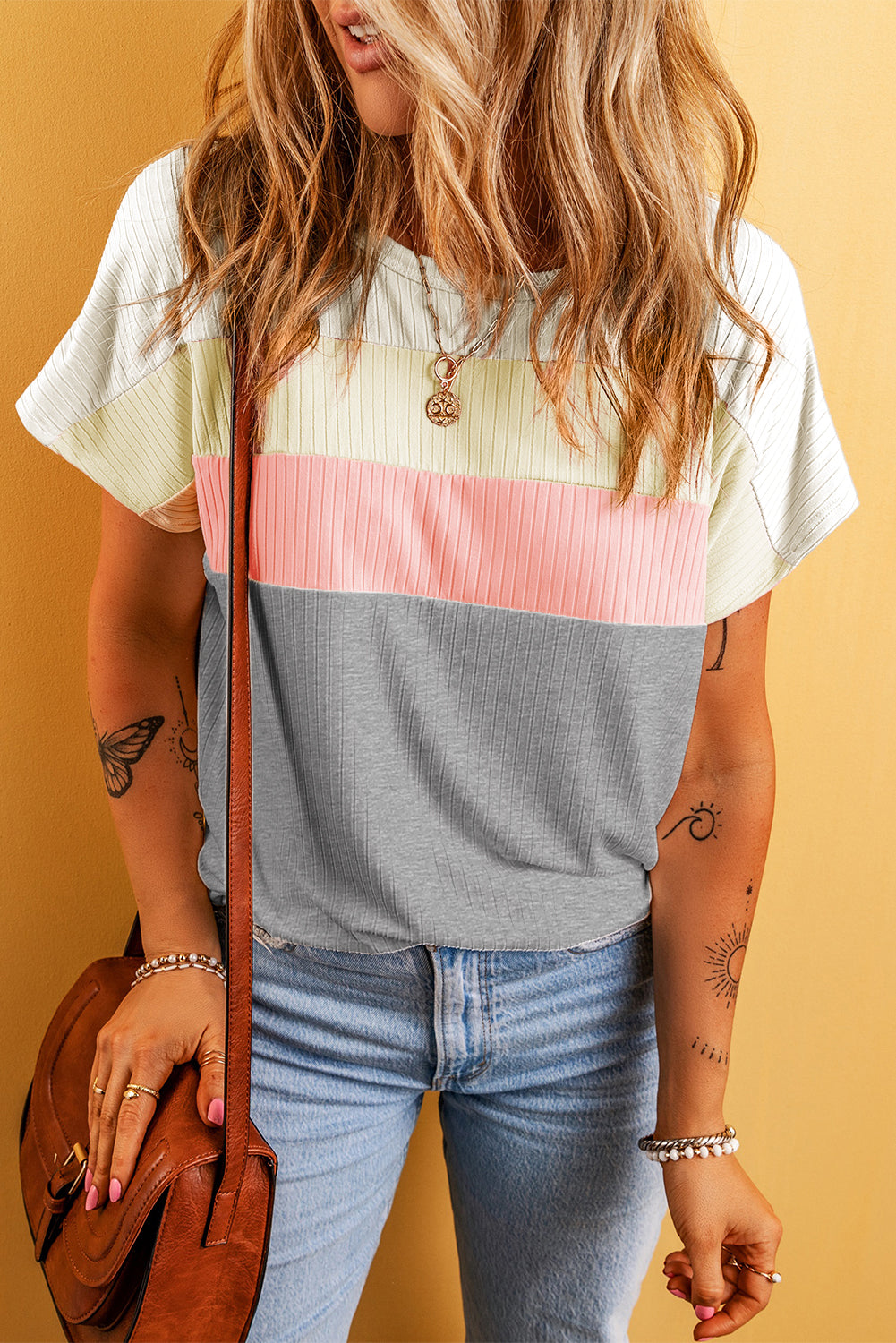 Moonlight Jade Ribbed Color Block Patchwork T-shirt