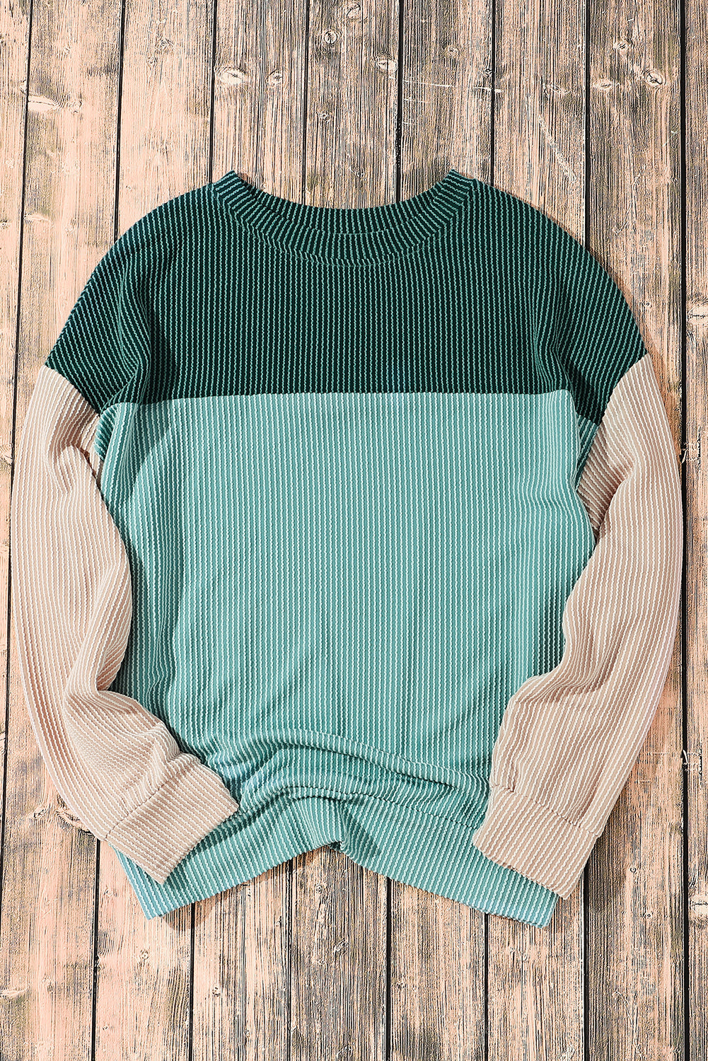 Khaki Color Block Long Sleeve Ribbed Loose Top