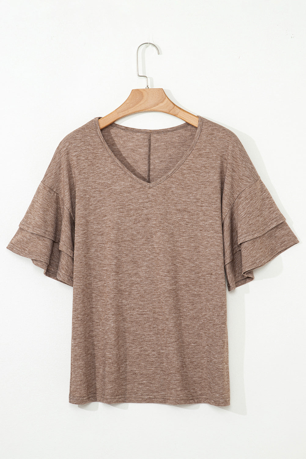 Black Solid Colour V-Neck Double Layer Sleeve Loose T-Shirt