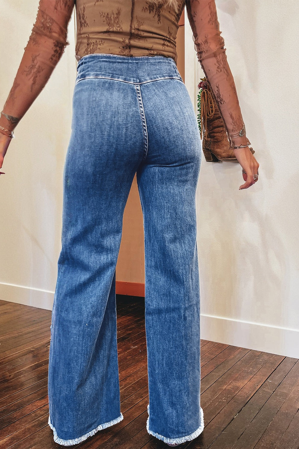 Sail Blue High Waist Button Fly Seamed Raw Hem Flare Jeans