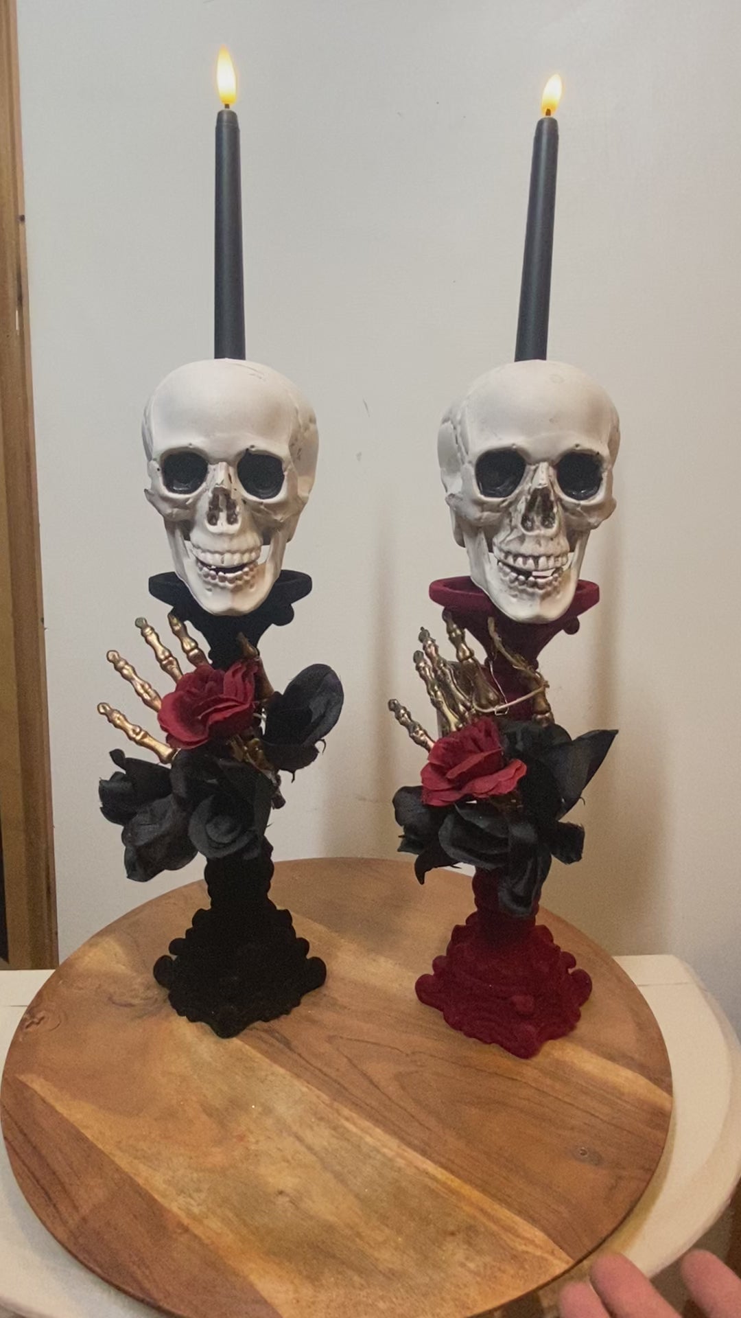 Red and Black velvet skull candlestick set centerpiece